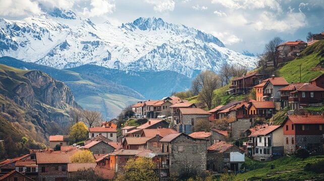 Picturesque mountain village with traditional houses, nestled against a backdrop of snowy peaks, surrounded by lush greenery and vibrant nature.