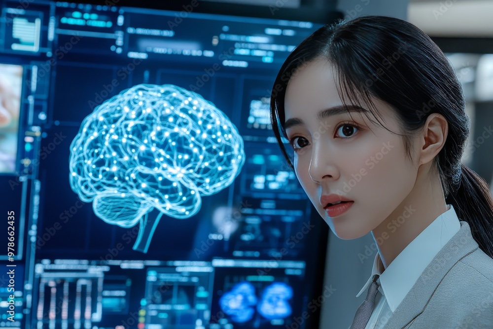 Poster woman analyzing brain scans in a high tech lab setting symbolizing modern medical research cognitive