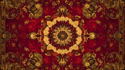 2D illustration of an ancient Persian rug pattern with deep reds and golds, hyper-real, high quality, sharp images