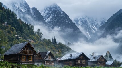 Fototapeta premium Scenic mountain landscape featuring wooden houses shrouded in mist, surrounded by towering snow-capped peaks and lush greenery.