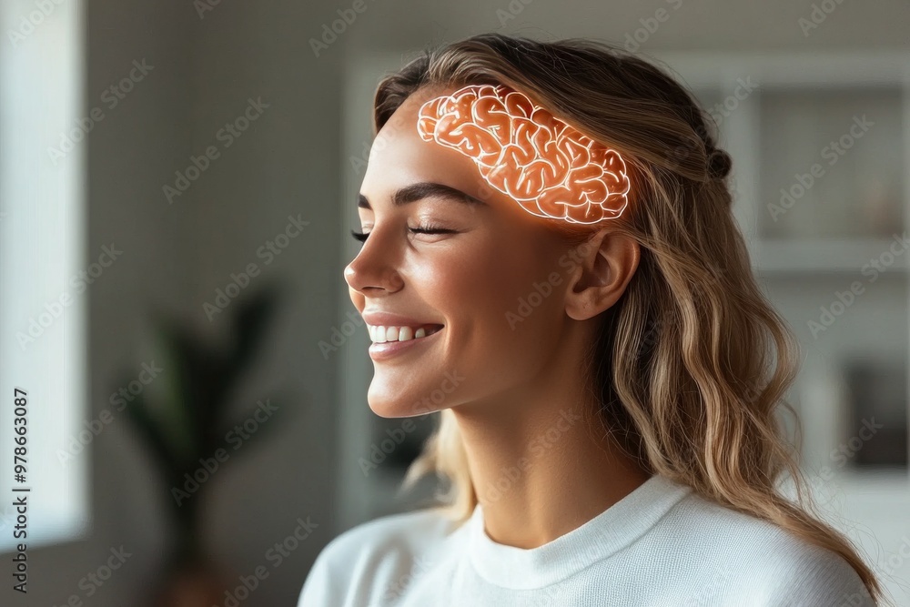 Poster profile of a woman with glowing brain neural patterns representing mental wellness positive thinking