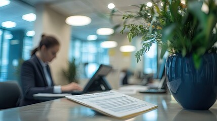 A bank employee in a professional suit assisting a client at the counter with financial paperwork in the background.