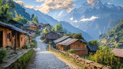 Scenic mountain village with wooden houses nestled among lush greenery and majestic peaks, bathed in warm sunlight.
