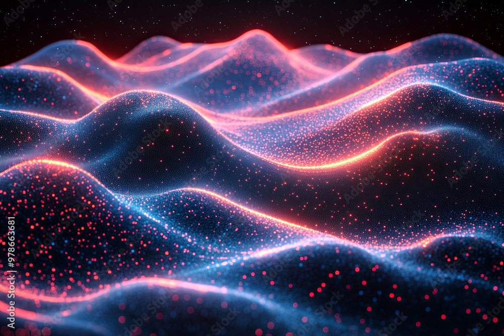 Poster vibrant abstract digital landscape illuminated by glowing lines and particles in dark space. generat