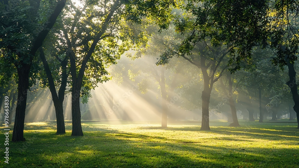 Aufkleber serene forest scene with sun rays filtering through lush greenery, creating a tranquil atmosphere fo