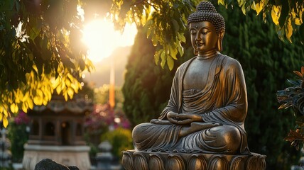 Serene Buddha statue surrounded by lush greenery, bathed in warm sunlight, symbolizing peace, tranquility, and spiritual enlightenment.