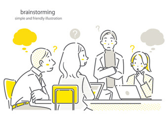 ビジネスミーティングで話し合いをする人々　シンプルでお洒落な線画イラスト