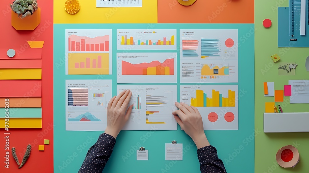 Poster Person Analyzing Data Charts and Graphs on a Colorful Wall