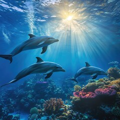 Obraz premium A captivating underwater landscape with dolphins swimming over coral reefs, illuminated by the sunlight breaking through the surface