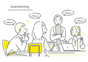 ビジネスミーティングで話し合いをする人々　シンプルでお洒落な線画イラスト