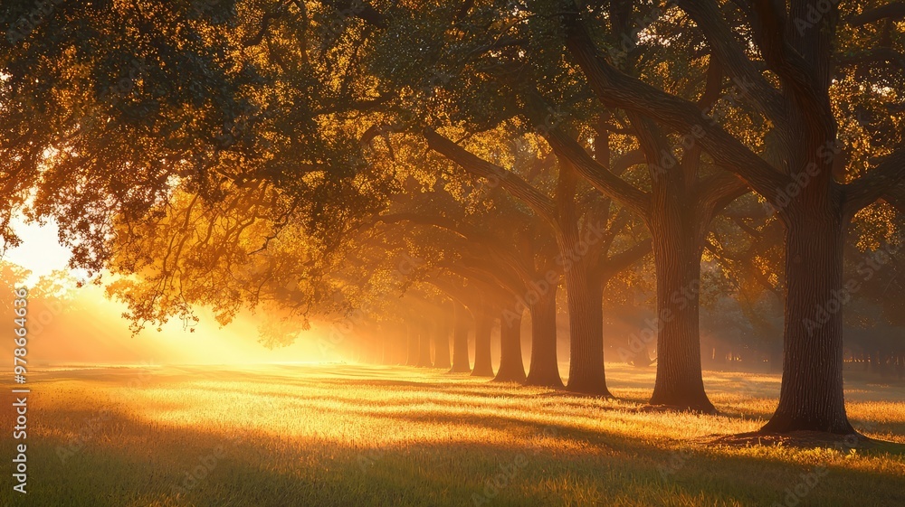 Poster serene landscape featuring sunlit trees lined along a tranquil path, creating a warm and inviting at