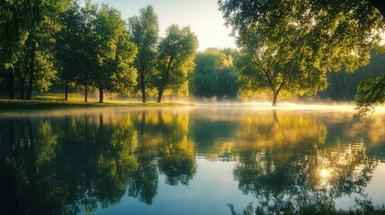 Obraz premium Serene landscape featuring tranquil water, mist, and lush greenery reflecting in a peaceful morning light.