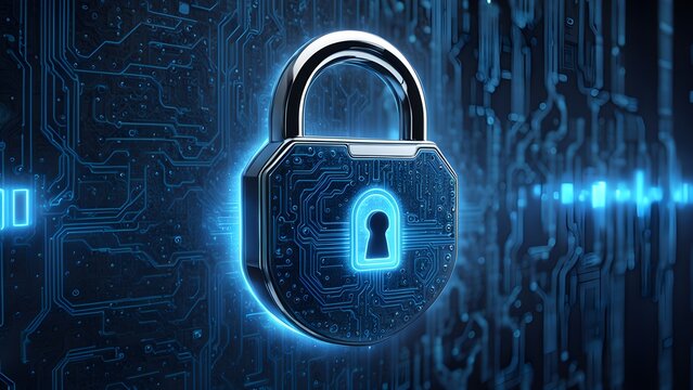 A shiny silver padlock with a blue glowing keyhole sits in front of a blue circuit board background.