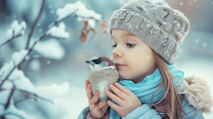 Young girl tenderly cradling a small bird, symbolizing compassion for animal welfare