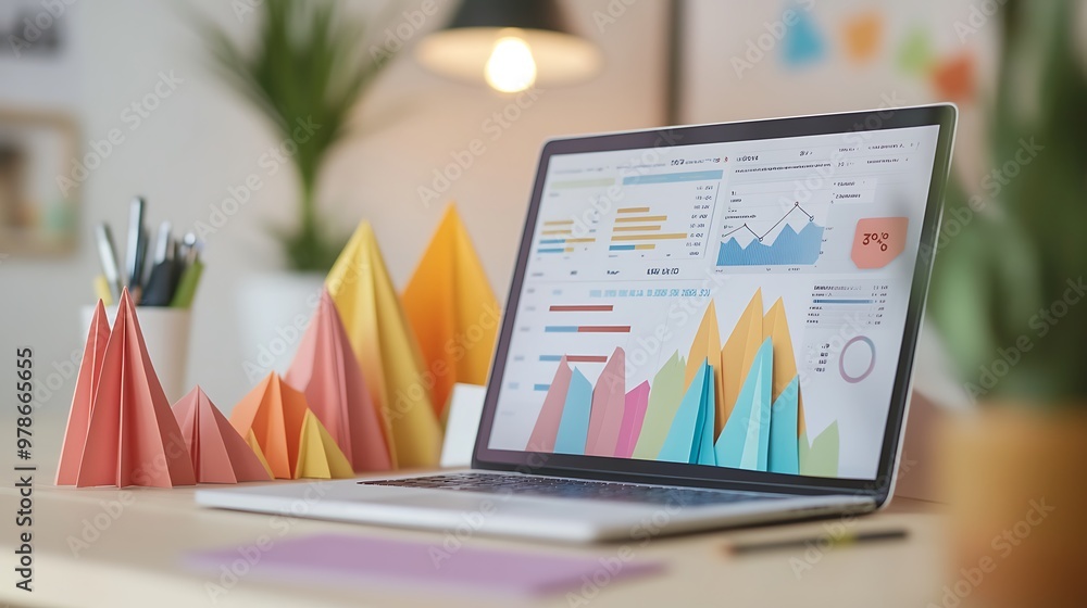 Aufkleber Open Laptop Displaying Data Graphs and Charts Surrounded by Colorful Paper Airplanes