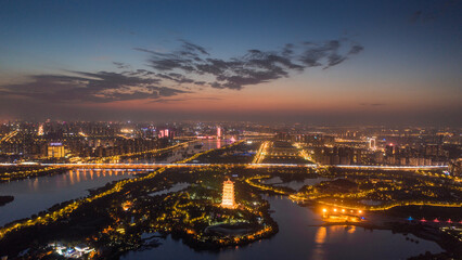 Aerial photography of the night view of the Bahe River in Xi'an, China