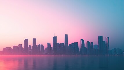 Stunning city skyline at sunset, featuring vibrant colors and silhouettes reflecting over calm water.