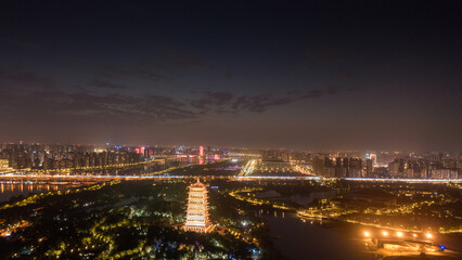Fototapeta premium Aerial photography of the night view of the Bahe River in Xi'an, China