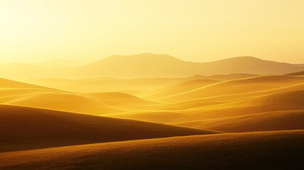 Obraz premium Stunning golden landscape at sunset, showcasing rolling hills and soft silhouettes under a warm sky. Perfect for nature enthusiasts.