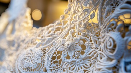 A close-up of intricate lace patterns in a Belgian lace shop window.