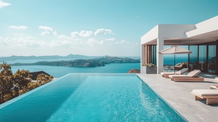 Fototapeta premium Stunning luxury villa with an infinity pool overlooking a breathtaking sea view and tranquil landscape.