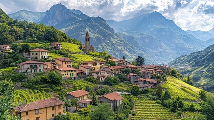 Stunning landscape of a mountainous village with lush vineyards and a historic church under a dramatic sky.
