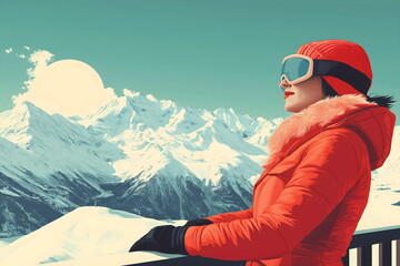 Woman in vibrant red winter attire admiring snowy mountain panorama, retro ski fashion with breathtaking alpine scenery