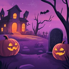 Fototapeta premium A Spooky Halloween Scene Featuring a Haunted House and Glowing Pumpkin Under a Dark Night Sky