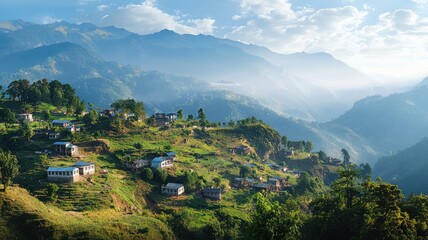 Fototapeta premium Stunning panoramic view of lush hills and tranquil villages under a vibrant sky, showcasing nature's beauty and serenity.