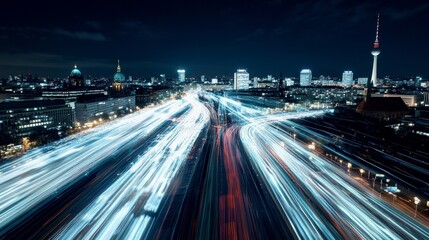 Energizing Berlin Nightscape: Dynamic White Neon Light Trails in High-Speed Motion Blur