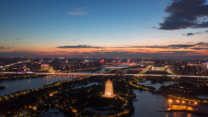 Aerial photography of the night view of the Bahe River in Xi'an, China