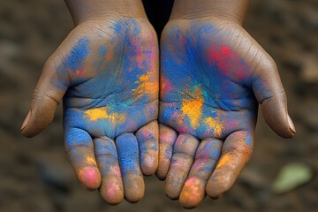 Colorful hands displaying vibrant splashes of powdered colors during a festive celebration in an outdoor setting on a sunny day. Generative AI