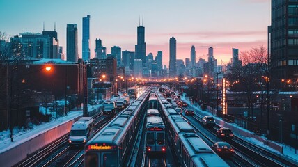 Obraz premium Stunning urban skyline at dawn with trains, snow, and vibrant colors reflecting on Chicago's bustling streets.