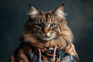 Majestic maine coon cat wearing stylish camouflage hoodie