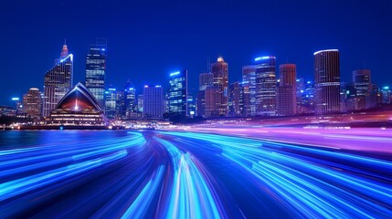 Fototapeta premium Dynamic Sydney Cityscape Illuminated by Blue Neon Light Trails Signifying Speed and Innovation at Twilight
