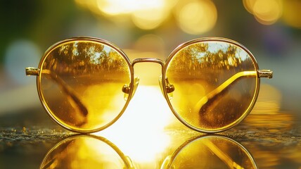 Stylish round sunglasses reflecting a warm golden sunset, creating a vibrant, eye-catching composition for summer vibes.