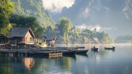 Tranquil waters reflect serene mountain views and rustic wooden houses in a picturesque lakeside village.