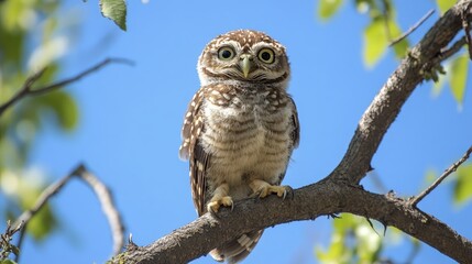 Obraz premium A collared owlet perched on a tree branch with a clear, blue sky in the background.