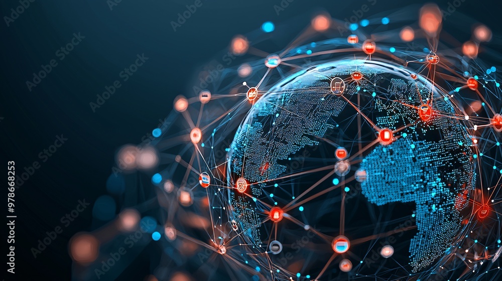 Poster a 3d search engine globe with interconnected data points, each point highlighting a search query, sy