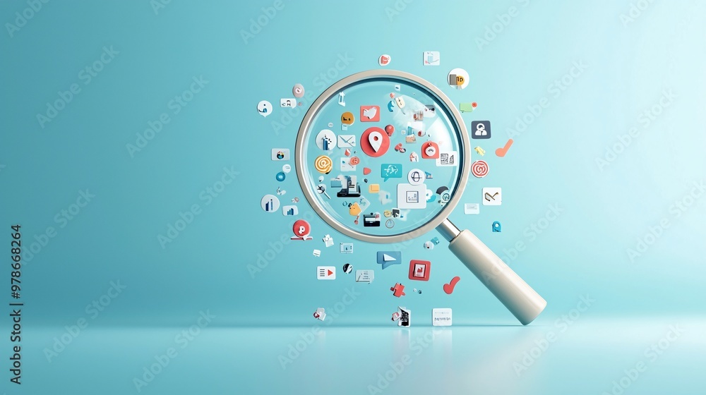 Poster a 3d magnifying glass focusing on a cluster of floating icons, symbolizing the search engine s abili