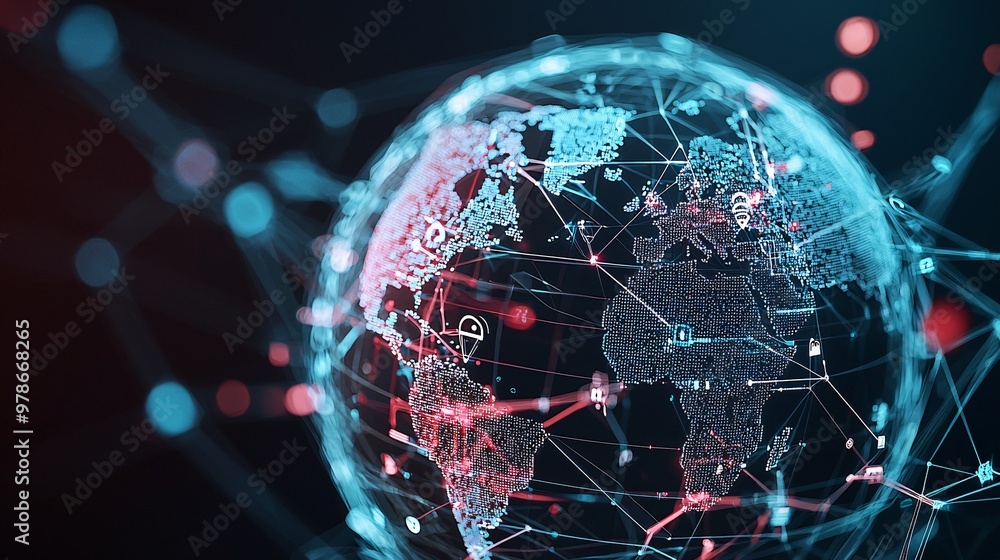 Poster a 3d search engine globe with interconnected data points, each point highlighting a search query, sy