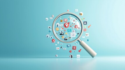 Naklejka premium A 3D magnifying glass focusing on a cluster of floating icons, symbolizing the search engine s ability to target specific information