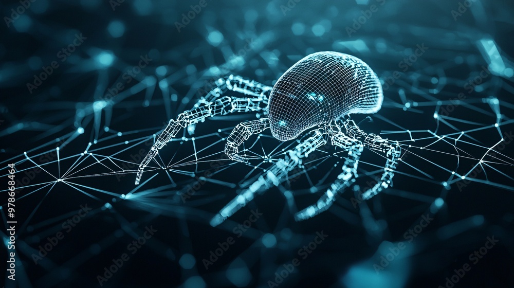 Poster a 3d digital spider web with a search engine robot navigating it, symbolizing the web-crawling funct