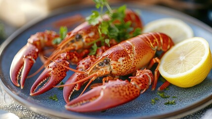 A cooked crayfish on a plate, garnished with lemon and herbs, ready to be enjoyed.