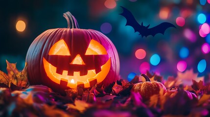 A Festive Halloween Pumpkin Surrounded by Colorful Leaves and Bokeh Lights