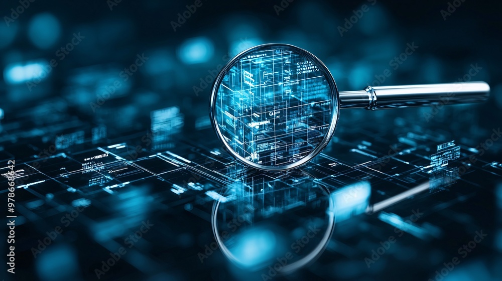 Poster a 3d magnifying glass dissecting layers of data in a digital cube, symbolizing deep search capabilit