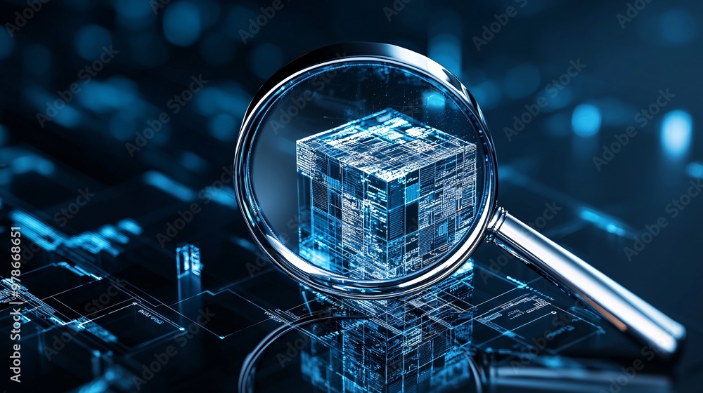 Poster a 3d magnifying glass dissecting layers of data in a digital cube, symbolizing deep search capabilit