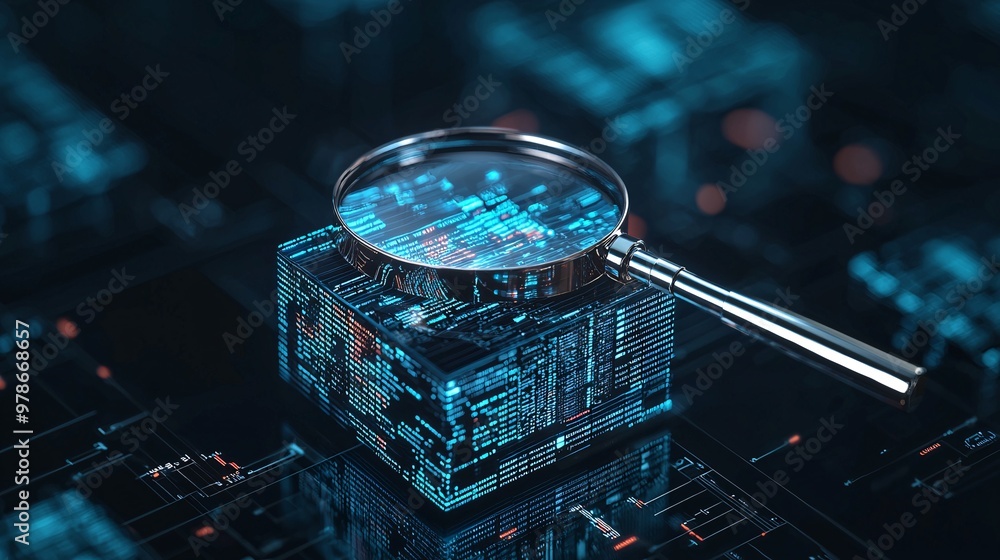 Poster a 3d magnifying glass dissecting layers of data in a digital cube, symbolizing deep search capabilit