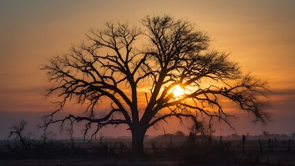 Silhouette of Birds Flying Over a Lone Dead Tree at an Amazing Sunset: Sun Rays Creating a Stunning Background