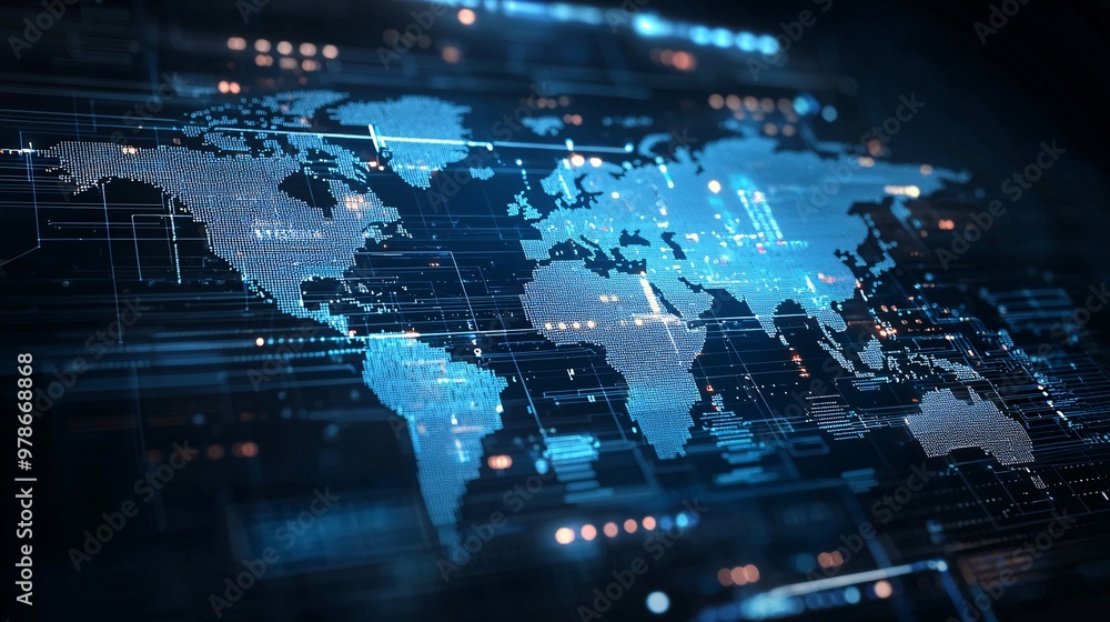 Poster a 3d search engine interface projecting a holographic world map with data points, symbolizing global